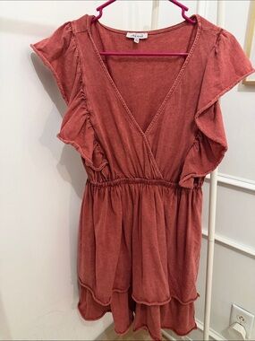 white birch Rust Mini Dress with Ruffle Sleeves